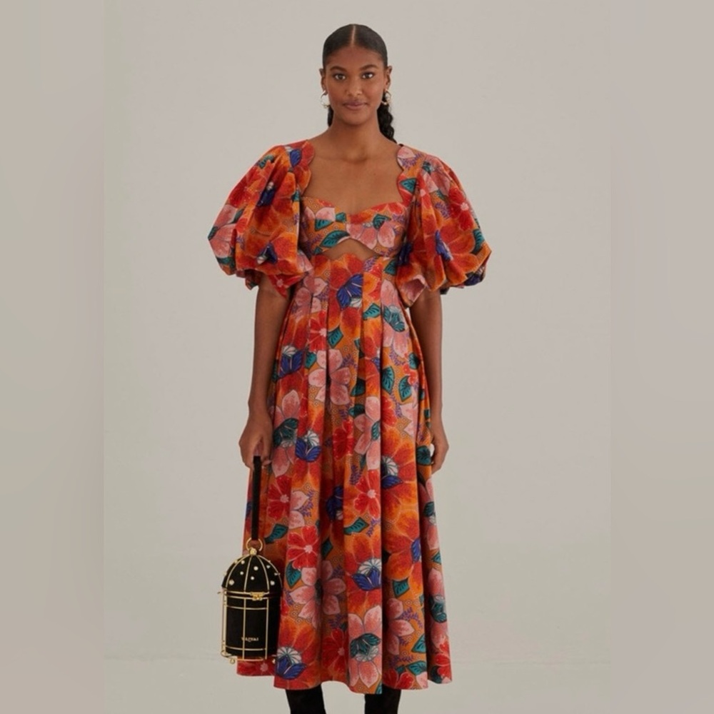 NWT: Farm Rio Dress: Marias Floral Cutout Midi Dress